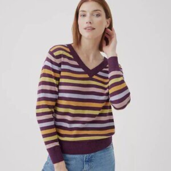PACT Sz M Stretch V Neck Pullover Knit Sweater Organic Cotton Multicolor - Picture 2 of 11